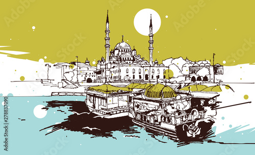 Drawing sketch illustration of Eminonu, Istanbul
