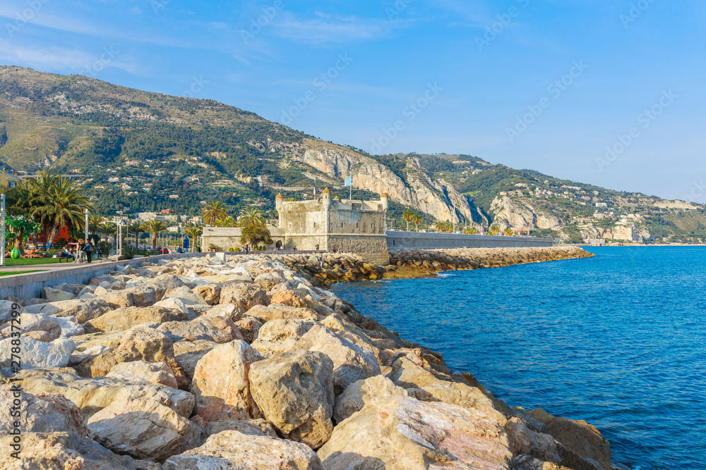Landscape panoramic view of Menton, Cote d'Azur, France, South Europe. Beautiful city and luxury resort of French riviera. Famous tourist destination with nice beach on Mediterranean sea