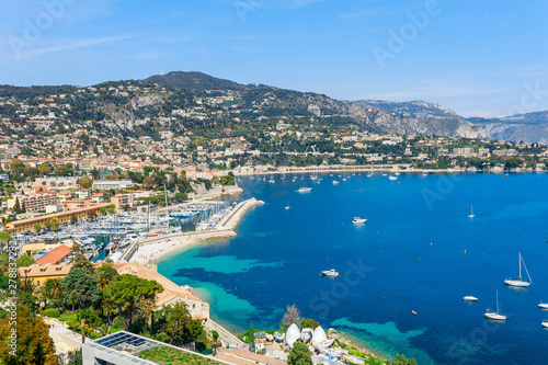 Landscape panoramic coast view between Nice and Monaco, Cote d'Azur, France, South Europe. Beautiful luxury resort of French riviera. Famous tourist destination with nice beach on Mediterranean sea