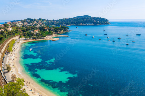 Landscape panoramic coast view between Nice and Monaco  Cote d Azur  France  South Europe. Beautiful luxury resort of French riviera. Famous tourist destination with nice beach on Mediterranean sea