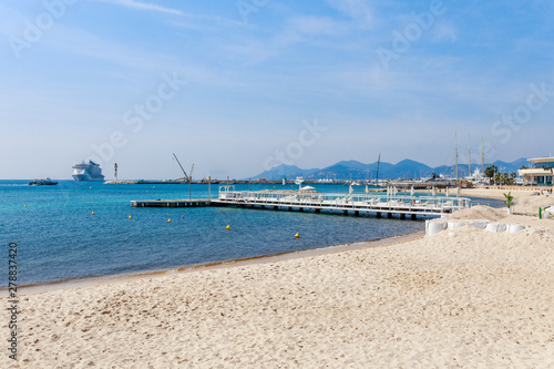 Panorama of Cannes  Cote d Azur  France  South Europe. Nice city and luxury resort of French riviera. Famous tourist destination with nice beach and Promenade de la Croisette on Mediterranean sea