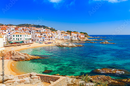 Sea landscape with Calella de Palafrugell  Catalonia  Spain near of Barcelona. Scenic fisherman village with nice sand beach and clear blue water in nice bay. Famous tourist destination in Costa Brava