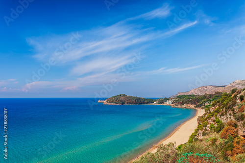 Panoramic sea landscape with Gaeta  Lazio  Italy. Scenic historical town with old buildings  ancient churches  nice sand beach and clear blue water. Famous tourist destination in Riviera de Ulisse