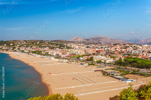 Fototapeta Naklejka Na Ścianę i Meble -  Panoramic sea landscape with Gaeta, Lazio, Italy. Scenic historical town with old buildings, ancient churches, nice sand beach and clear blue water. Famous tourist destination in Riviera de Ulisse