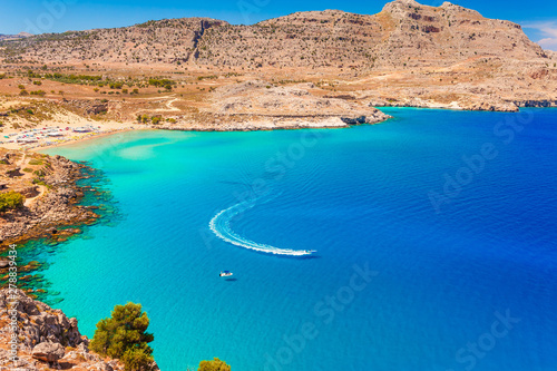 Sea skyview landscape photo of Agia Agathi beach near Feraklos castle on Rhodes island  Dodecanese  Greece. Panorama with sand beach and clear blue water. Famous tourist destination in South Europe