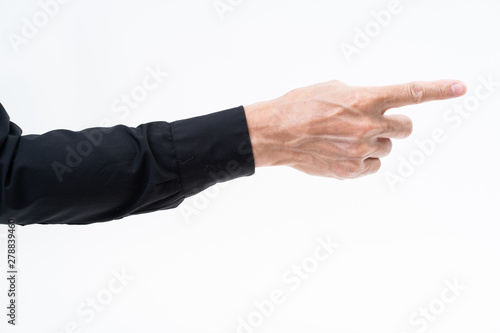 Asian man hand with black shirt on white background