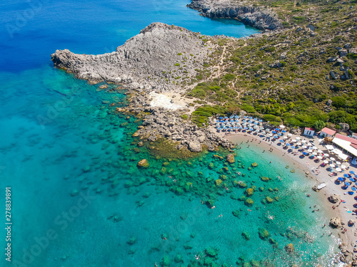 Aerial birds eye view drone photo Ladiko bay near Anthony Quinn on Rhodes island, Dodecanese, Greece. Panorama with nice lagoon and clear blue water. Famous tourist destination in South Europe