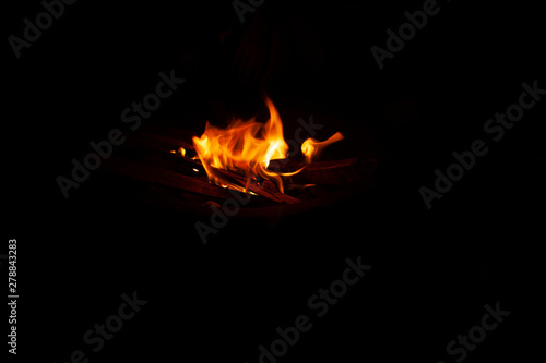 Campfire with base of dry tree trunks and branches in the middle of the darkness at night in a forest of Mexico the flames emerge to begin the stories in Cocoyoc