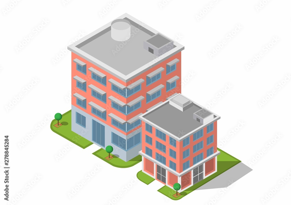Isometric Building vector. Two building on Yard with road and trees.building 3d , smart city,Vector office and town apartment concept. Isometric Building vector. Two building on Yard with road and trees.building 3d , smart city,Vector office and town apartment concept.