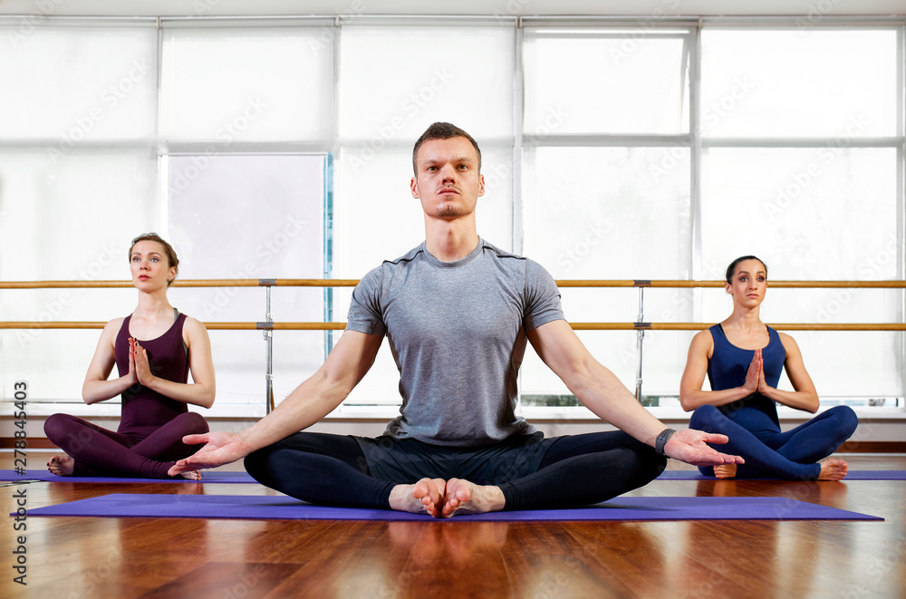 fitness, yoga and healthy lifestyle concept - group of people doing lotus seal gesture and meditating in seated pose at studio fitness, yoga and healthy lifestyle concept - group of people doing lotus seal gesture and meditating in seated pose at studio