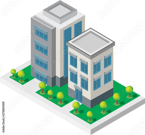 Isometric Building vector. Two building on Yard with road and trees.building 3d , smart city,Vector office and town apartment concept.