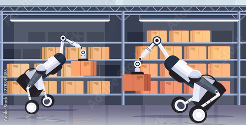 robotic workers loading cardboard boxes hi-tech smart factory robot artificial intelligence logistics automation technology concept modern warehouse interior flat horizontal