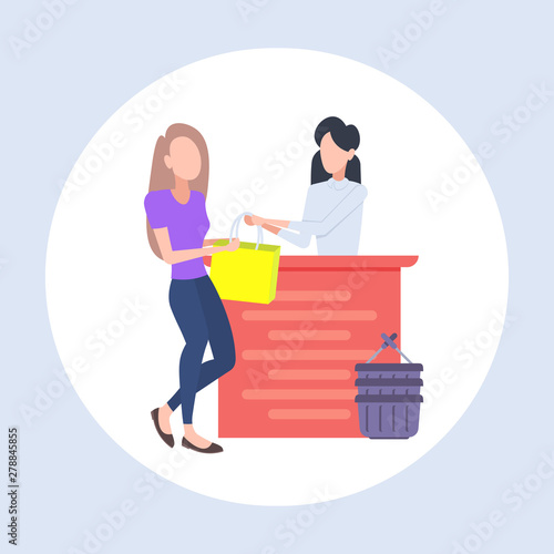 woman customer buying new handbag at cash desk counter fashion shop cloth store female shopping mall flat