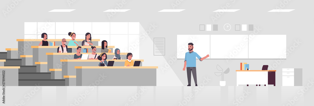 students sitting at college lecture hall and listening to university male professor over chalkboard education concept modern classroom interior flat full length horizontal
