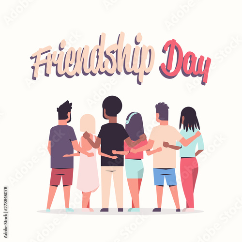 young people group embracing rear view men women hugging friendship day celebration concept friends having fun white background greeting card full length
