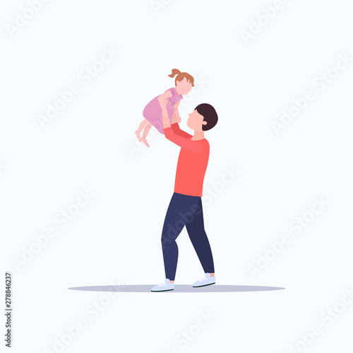 man lifting up his little baby father and daughter playing having fun happy family fatherhood concept cartoon characters full length flat