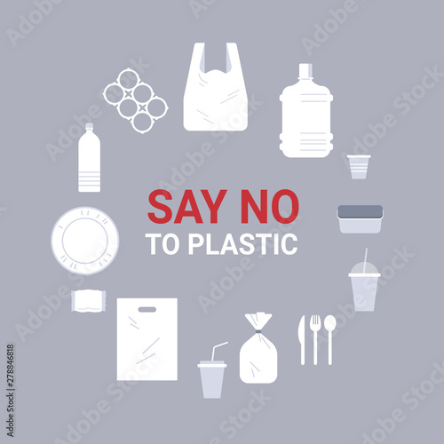 set different disposable objects made of plastic icons sign around circle collection pollution recycling ecology problem save the earth concept flat vector illustration