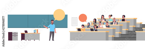 university professor over blackboard chat bubble communication with students sitting at college lecture hall education concept flat full length horizontal