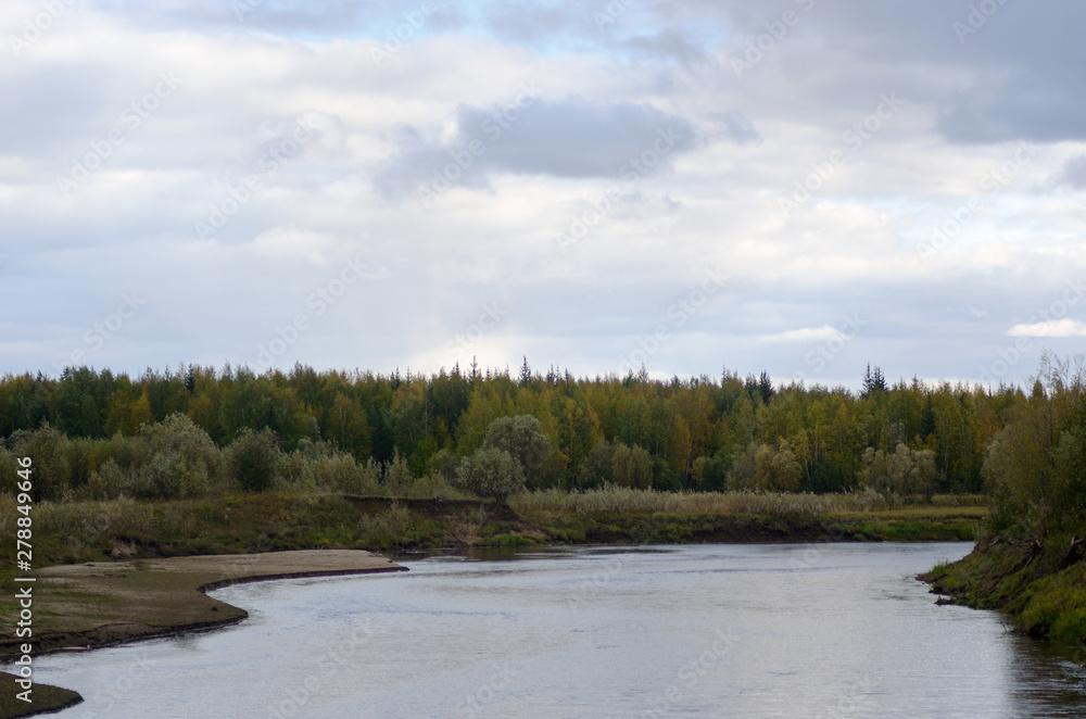 Panorama of the Yakut tundra a little kempendyay river among spruce trees and bushes, under a cloudy sky.