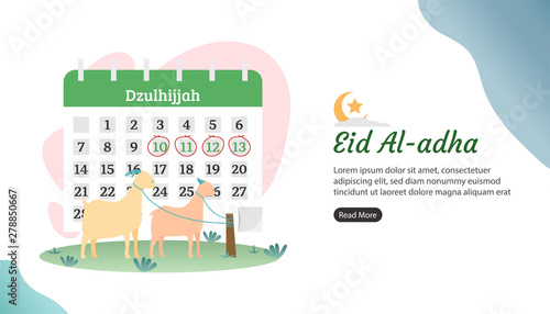 happy eid al adha mubarak greeting concept with goat and sheep character. animal sacrifice for qurban with islamic calender. web landing page template, banner, presentation, social, and print media.