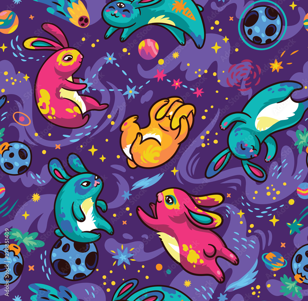 Seamless pattern with flying bunnies, comets and stars. Vector illustration Seamless pattern with flying bunnies, comets and stars. Vector illustration
