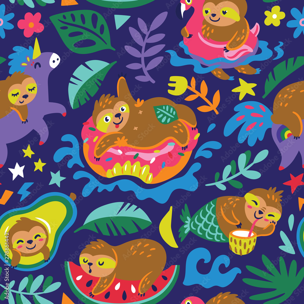 Seamless pattern with cartoon sloths enjoy summer day in the water. Vector illustration Seamless pattern with cartoon sloths enjoy summer day in the water. Vector illustration