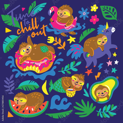 Fototapeta Naklejka Na Ścianę i Meble -  Time to chill out. Vector cartoon set with sloths characters relax in summer holidays