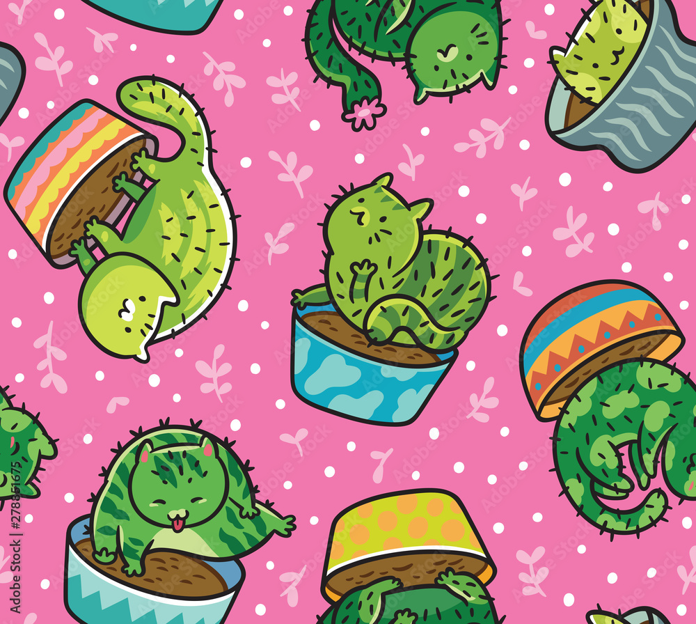 Cute seamless pattern with kawaii cats cactuses in a flowerpot. Vector illustration