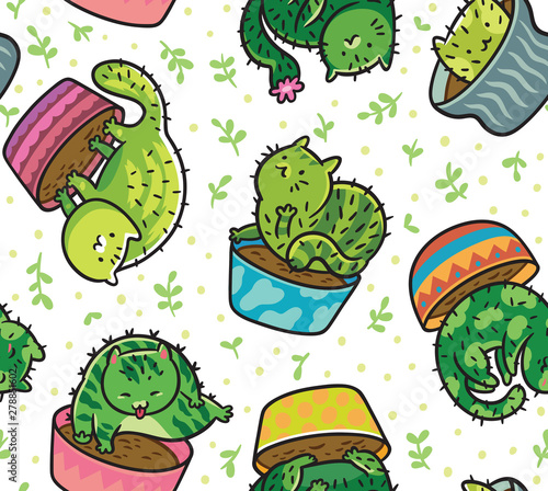 Seamless pattern with kawaii cats cactuses in a flowerpot. Vector illustration