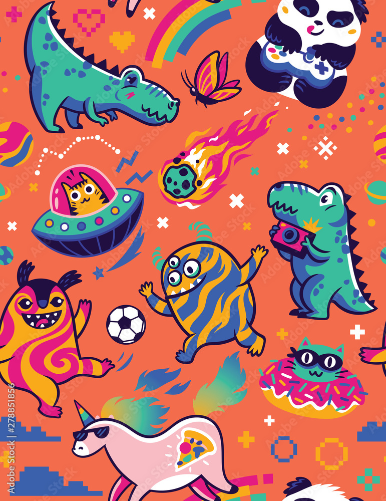 Seamless pattern with cute kawaii animals and monsters in the galaxy