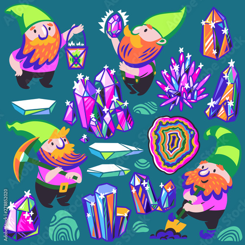 Fairytale set with gnomes, gems and crystals in vector.