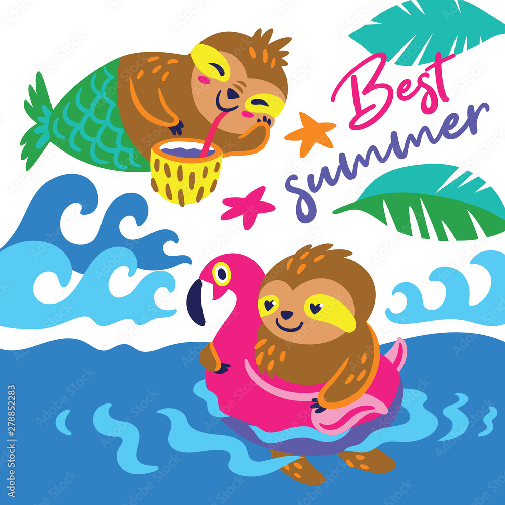 Naklejka premium Best summer vector card with a happy characters sloths