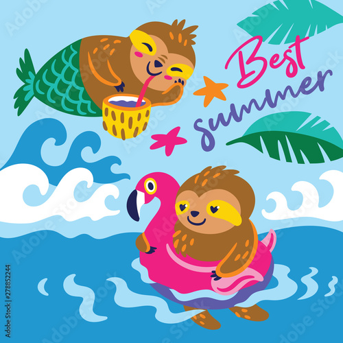 Best summer vector card with a happy characters sloths