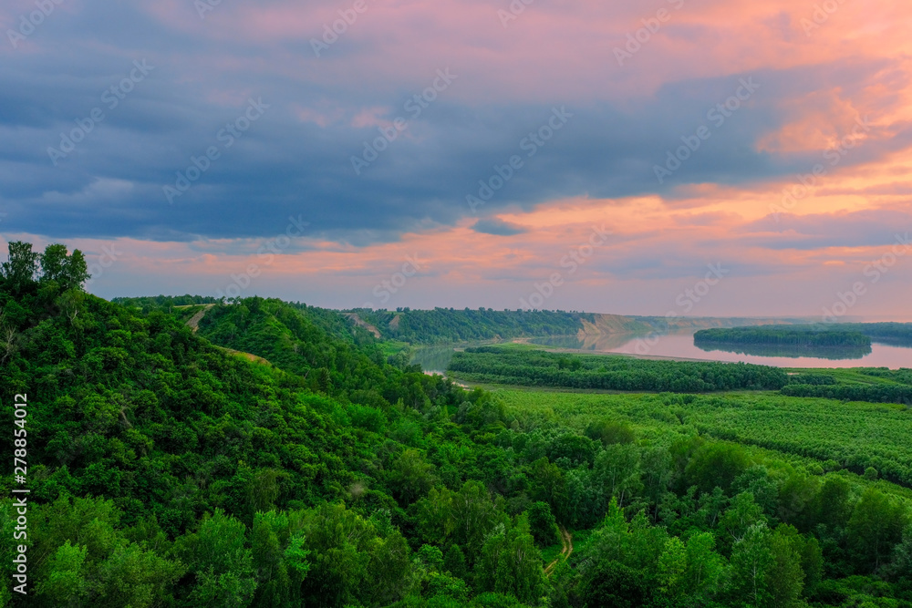 Fototapeta premium view from the hill to the river and island in the river,landscape