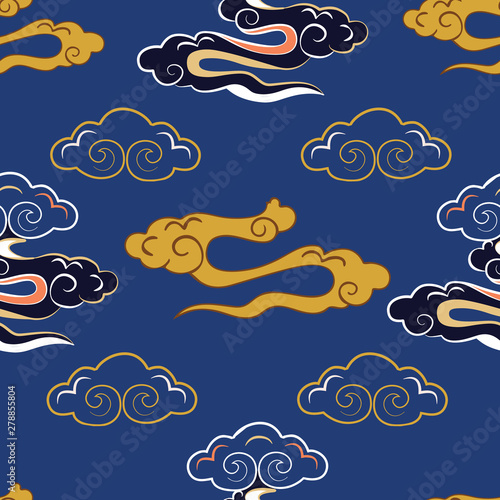 Vector Illustration of stylized, abstract, indigo,yellow, coral clouds resembling dragon tails at beautiful lunar twilight. Ideal for fabric
