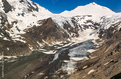 Beautiful alpine view of the remains of the famous Pasterze glacier at the Grossglockner summit, highest mountain of Austria