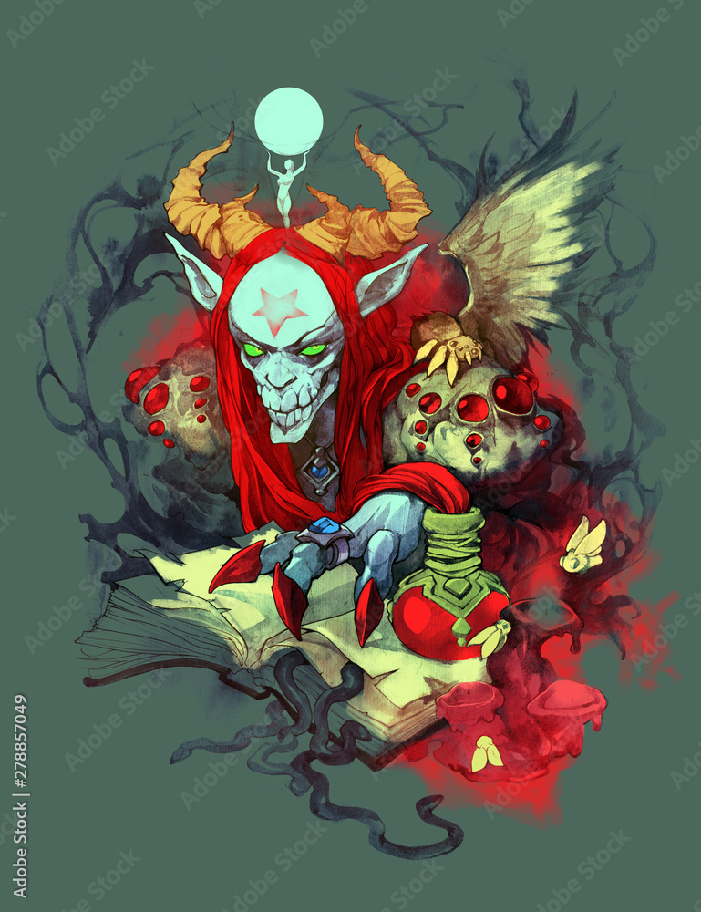 Fantasy esoteric portrait illustration of a weird and sinister skeleton creature from Halloween characters on an abstract surreal backdrop Fantasy esoteric portrait illustration of a weird and sinister skeleton creature from Halloween characters on an abstract surreal backdrop