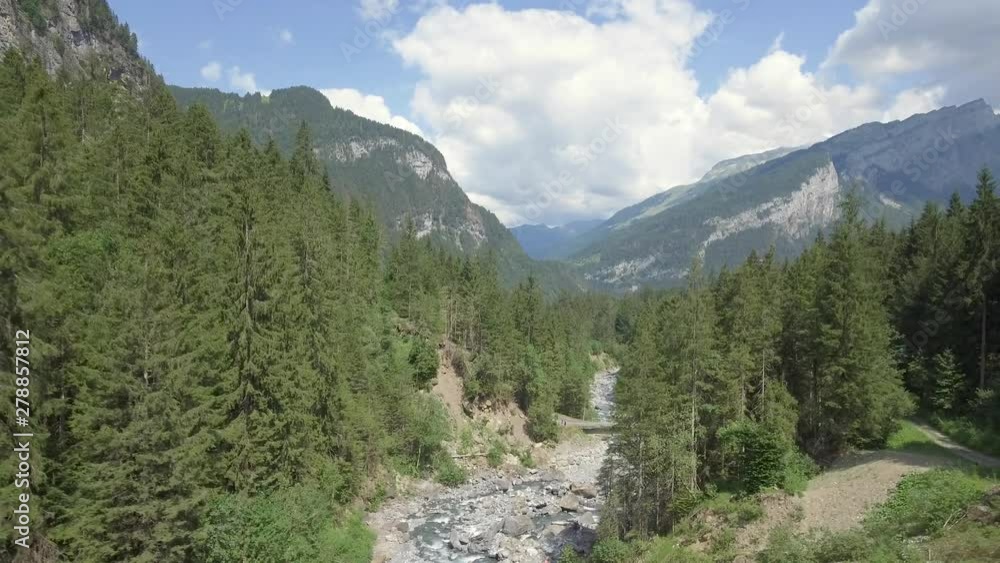A drone flies backwards and ascending over a fast flowing glacier melt river valley surrounded by a lush alpine forest. A drone flies backwards and ascending over a fast flowing glacier melt river valley surrounded by a lush alpine forest.