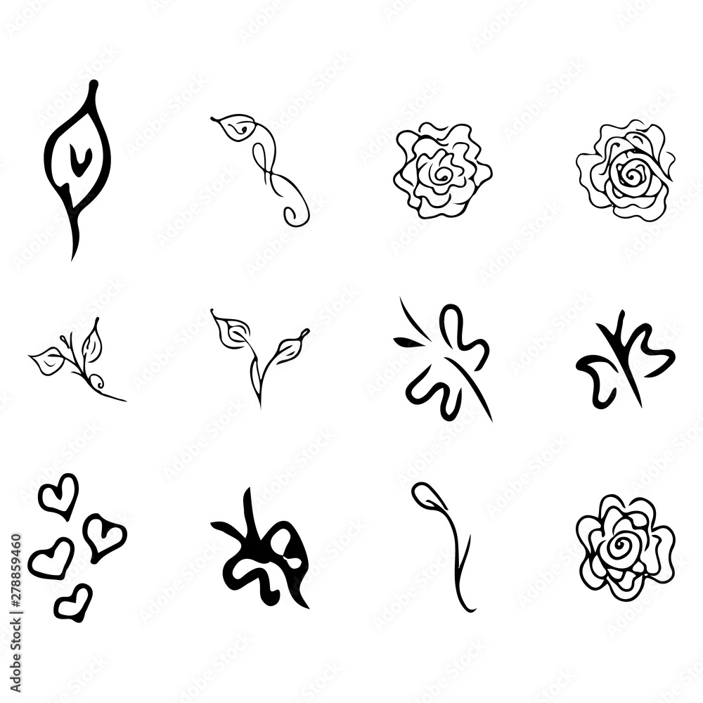 Flowers set collection outline for decorative design. Vector outline icon. . Isolated vector illustration. Vintage floral pattern. Hand drawn doodle illustration Flowers set collection outline for decorative design. Vector outline icon. . Isolated vector illustration. Vintage floral pattern. Hand drawn doodle illustration
