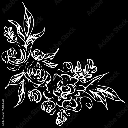 Line art rose pattern. White background. Abstract background. Vintage floral pattern. Stencil art. Vector emblem. Hand drawing