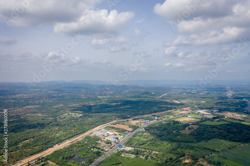 Aerial view, agricultural area amid mountains