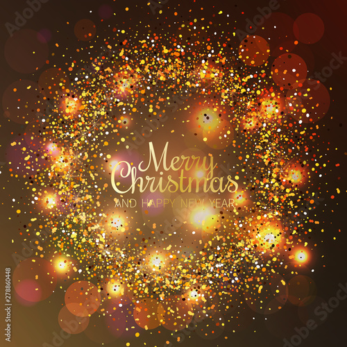 Merry Christmas and Happy New Year greeting card. Shiny background with sparkles. Dark Background with golden text.