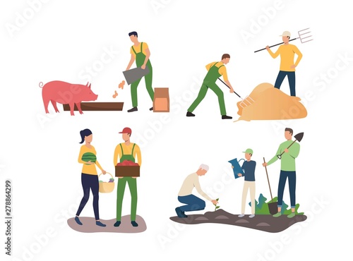 Set of people farming. Group of men and women taking care of plants and animals. Agriculture concept. Vector illustration can be used for presentation slide, new project, commercial