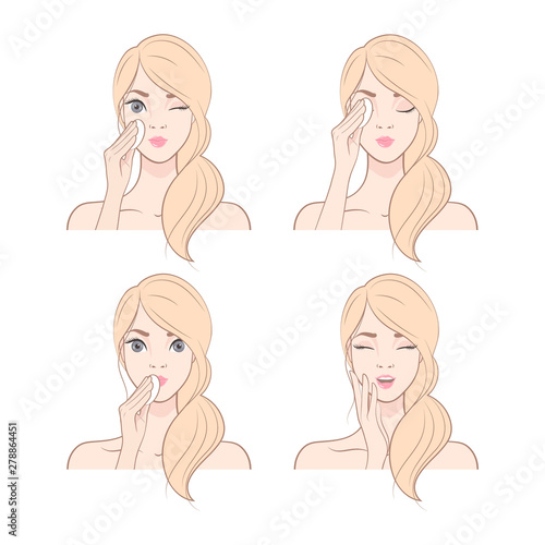 Removing makeup. Steps. Happy young blonde woman with clean fresh skin.  Vector illustration