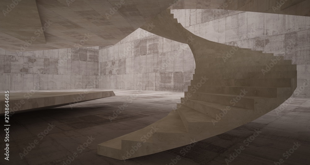 Abstract architectural brown and beige concrete interior of a minimalist house. 3D illustration and rendering Abstract architectural brown and beige concrete interior of a minimalist house. 3D illustration and rendering