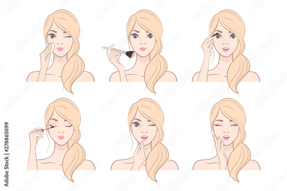 Young Woman with blonde hair Makes Up With Various Actions Set. Steps. Cosmetic. Beauty, Makeup. Healthy. Vector illustration in pastel tones Young Woman with blonde hair Makes Up With Various Actions Set. Steps. Cosmetic. Beauty, Makeup. Healthy. Vector illustration in pastel tones