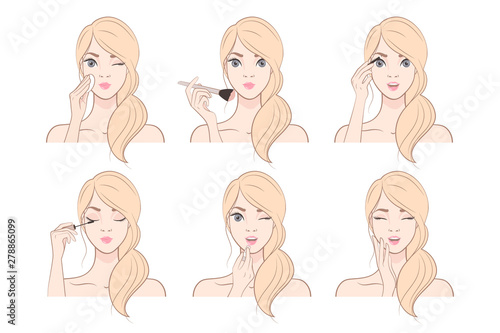 Young Woman with blonde hair Makes Up With Various Actions Set. Steps. Cosmetic. Beauty, Makeup. Healthy. Vector illustration in pastel tones