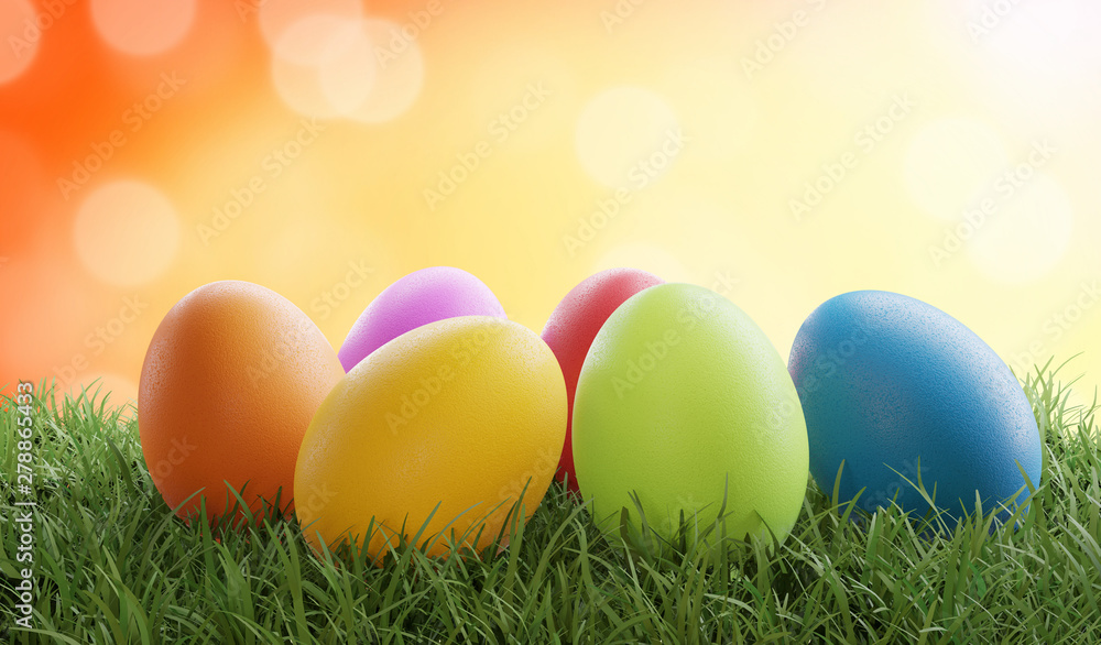 colored Easter eggs on grass 3d-illustration with bokeh orange background