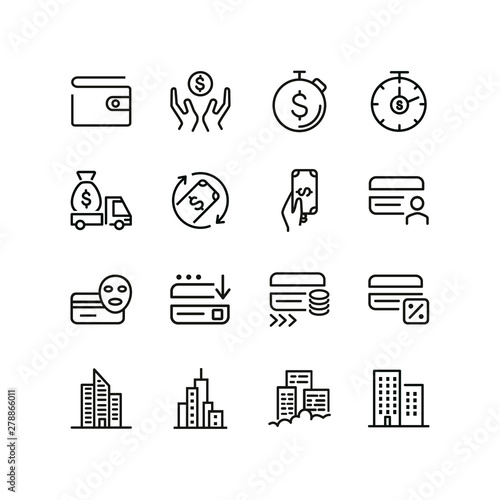 Financial services line icon set. Credit card, office building, money, cash, wallet. Finance concept. Can be used for topics like banking, cashback, payment
