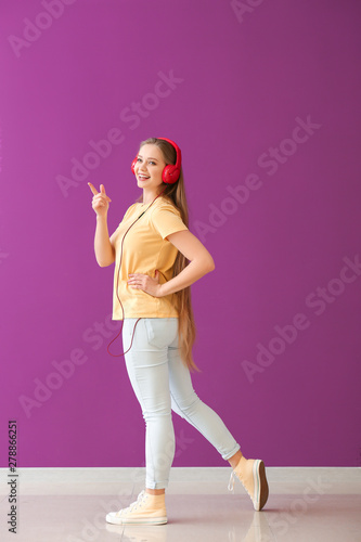 Happy young woman with red ...